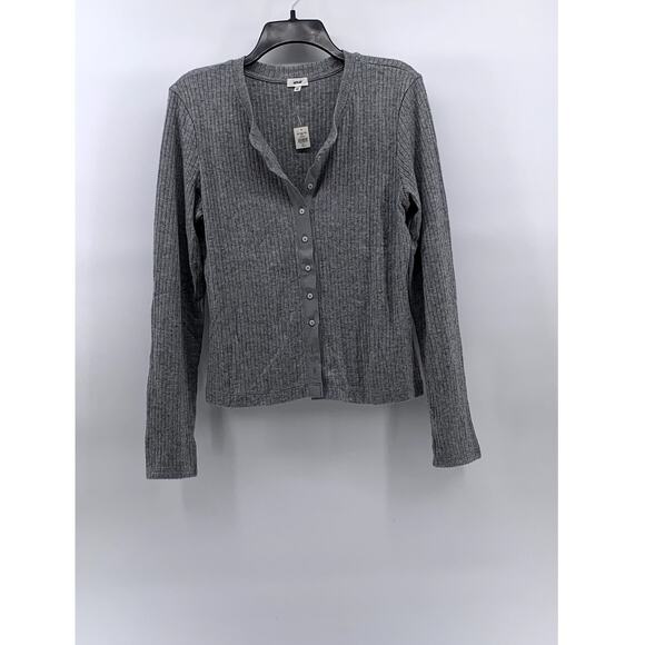 aerie Tops - AERIE Women’s Heather Gray Ribbed Long Sleeve Button-Up Top SZ L